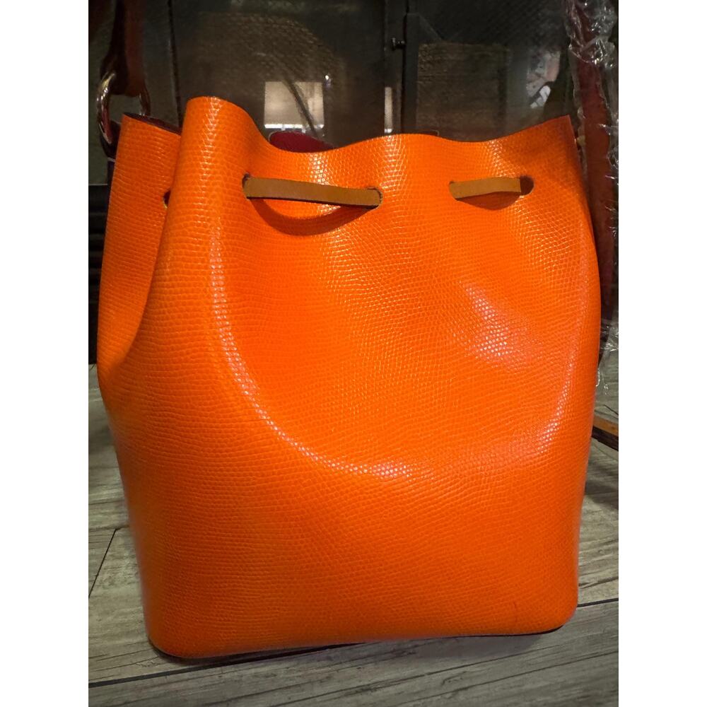NWT Dooney Bourke Serena Embossed Leather orange pink drawstring bucket purse - Picture 7 of 13